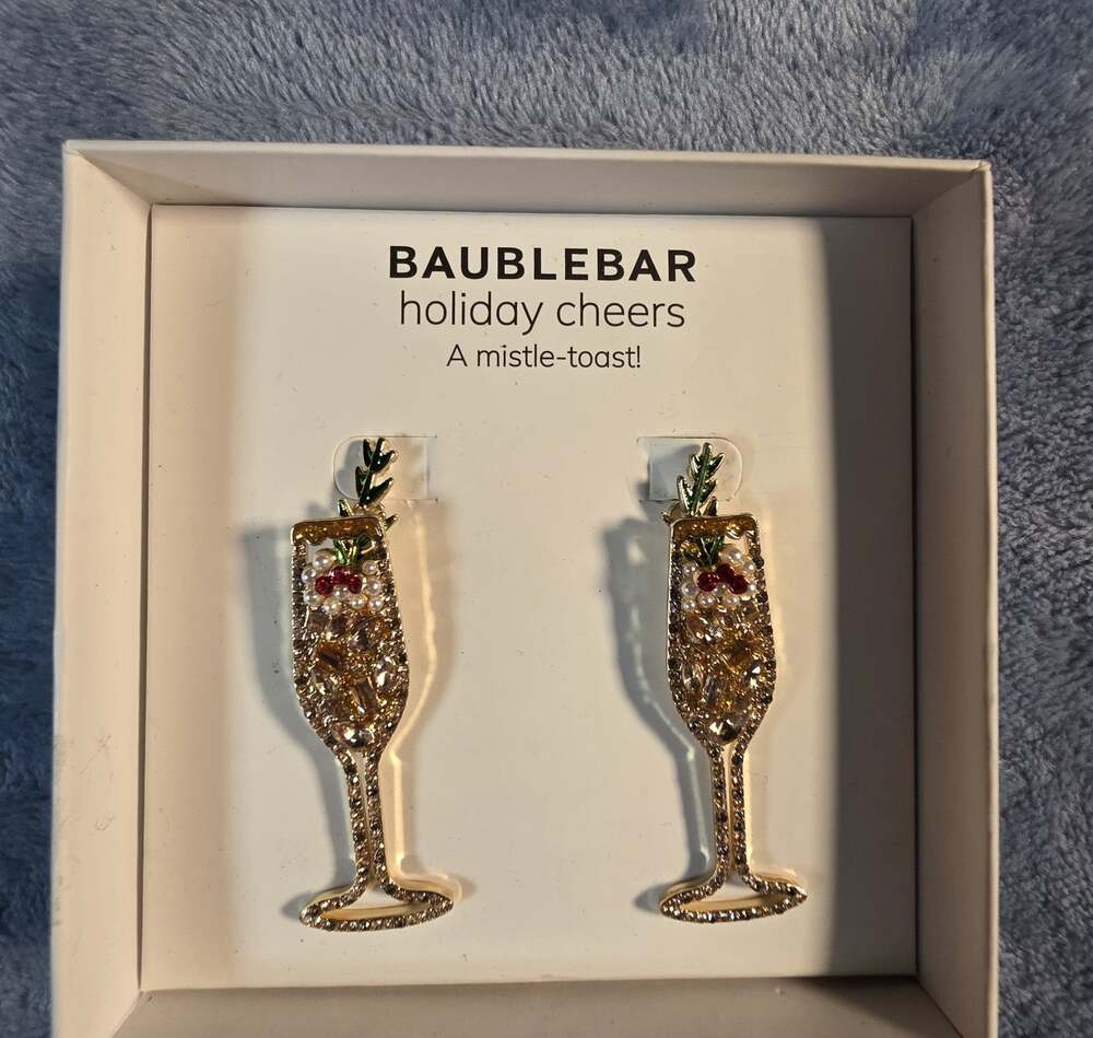 BaubleBar Holiday Cheers Mistle-Toast Champagne Glass Earrings New in Box